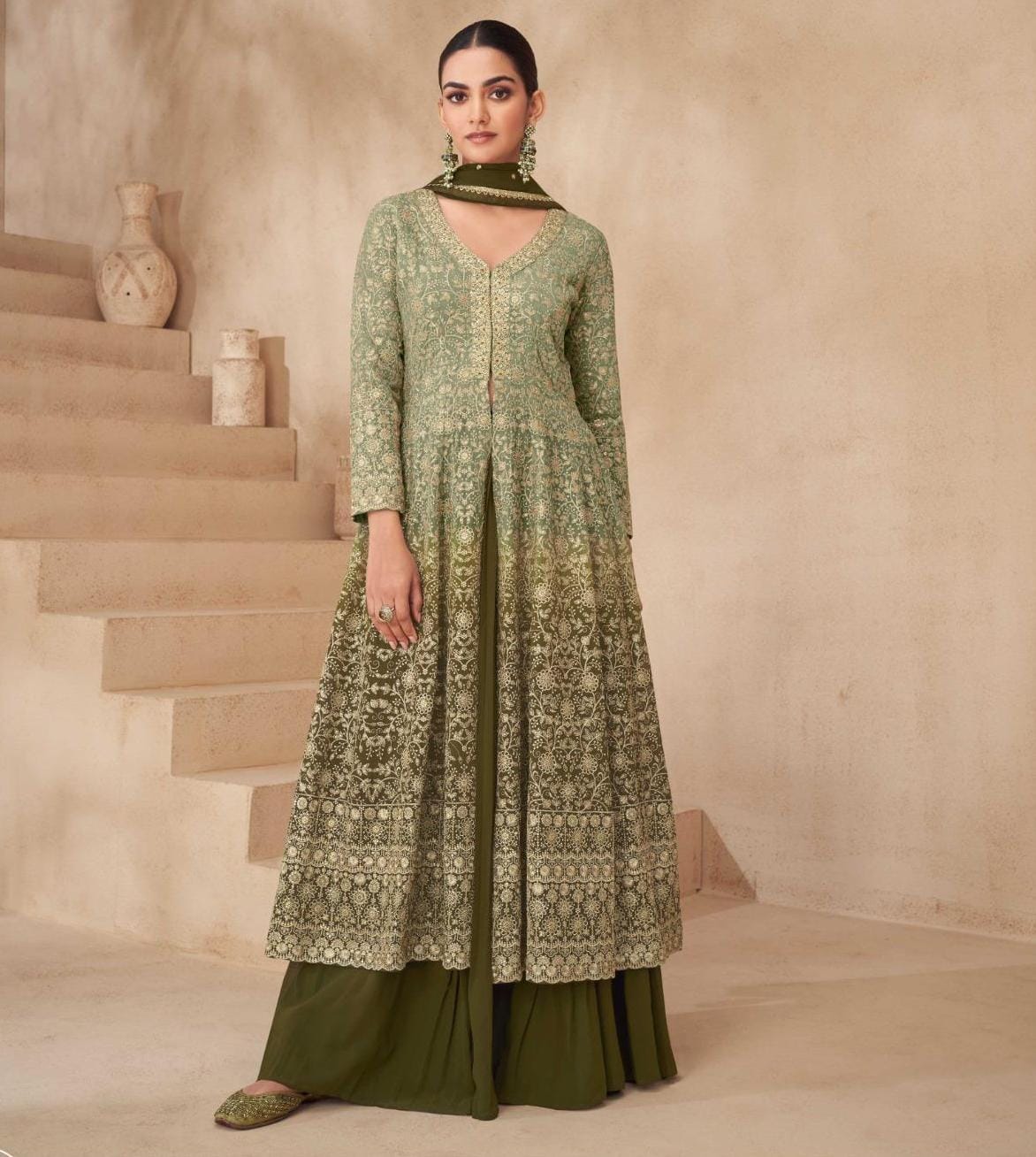 Embroidered Front Slit Kurta With Skirt And Dupatta