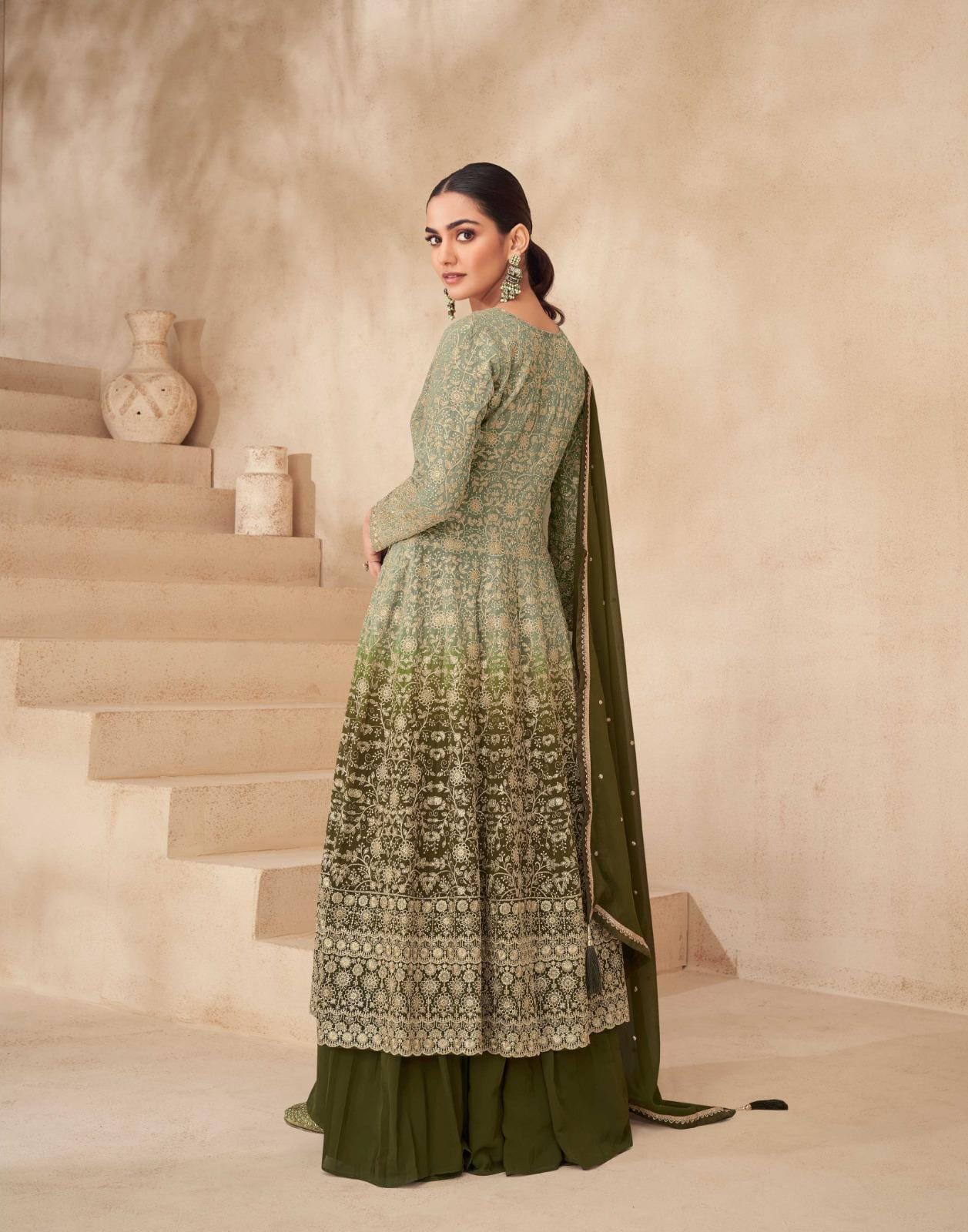 Embroidered Front Slit Kurta With Skirt And Dupatta