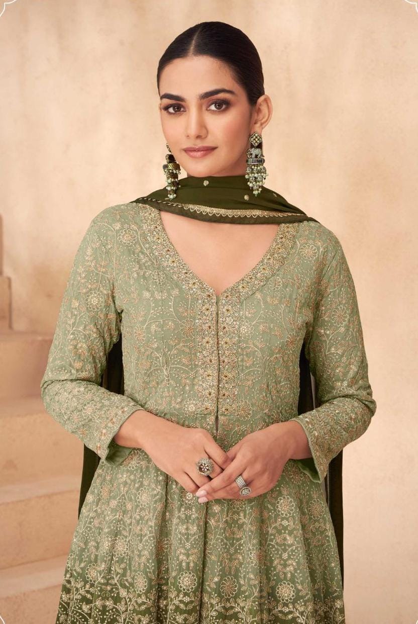 Embroidered Front Slit Kurta With Skirt And Dupatta
