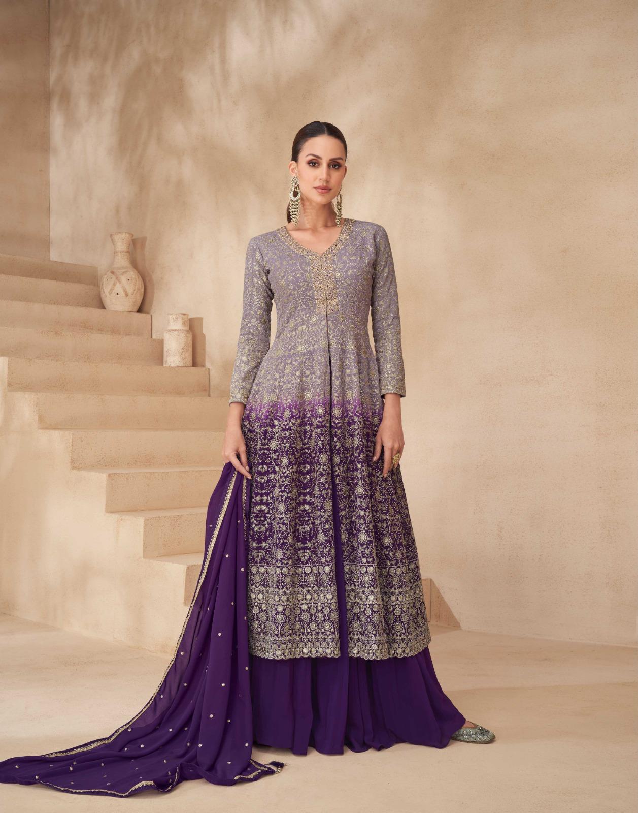 Embroidered Front Slit Kurta With Skirt And Dupatta