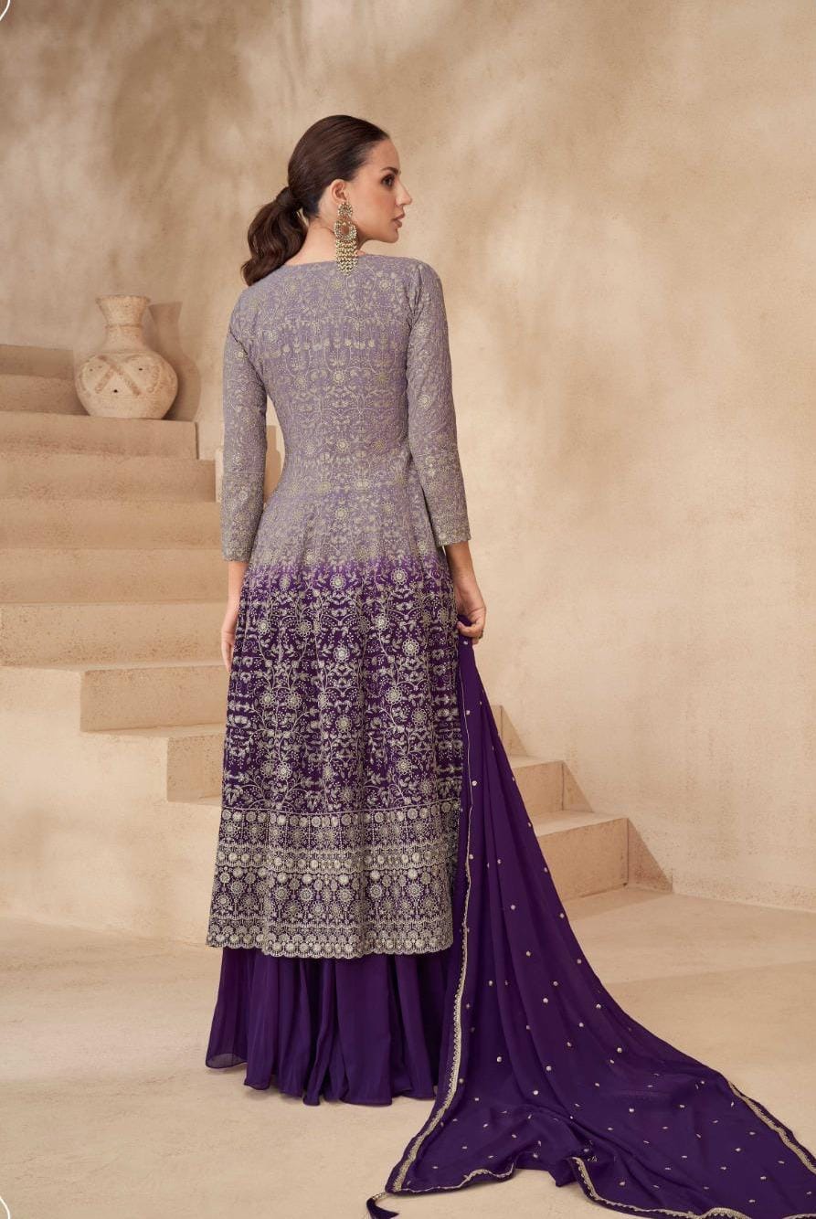 Embroidered Front Slit Kurta With Skirt And Dupatta