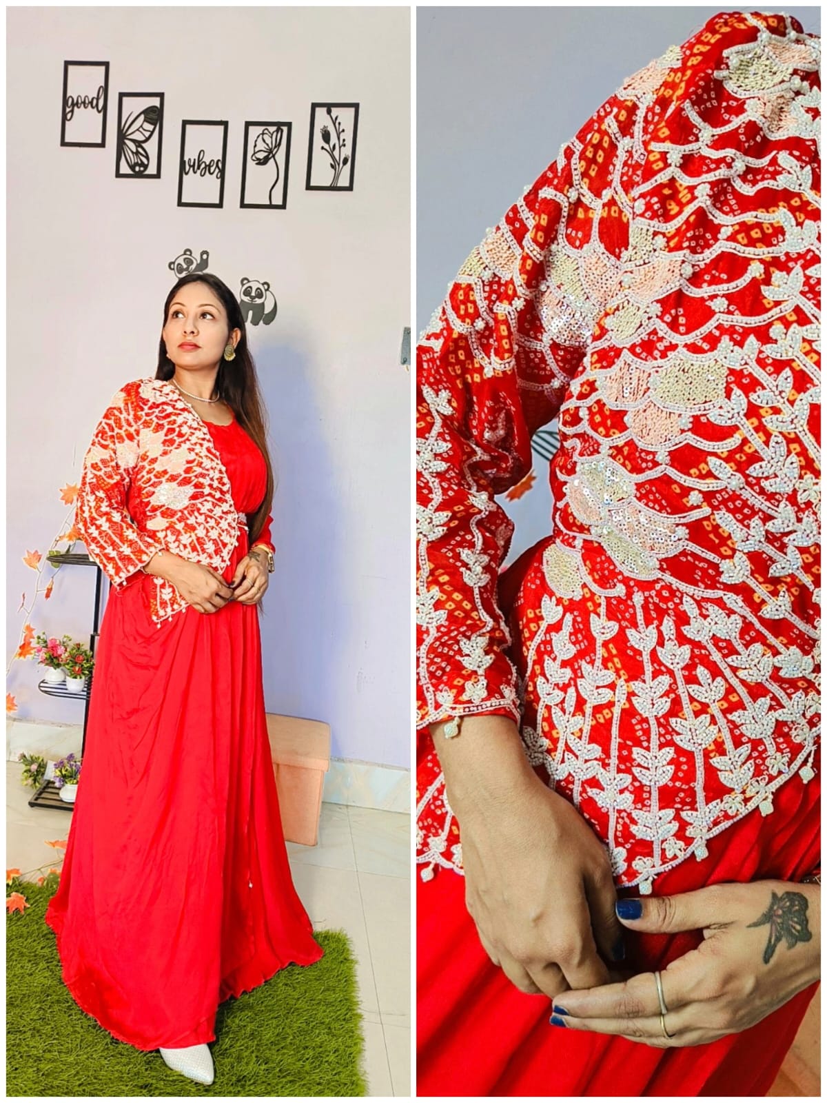 Gown With One Sided Attached Handwork Jacket And Belt
