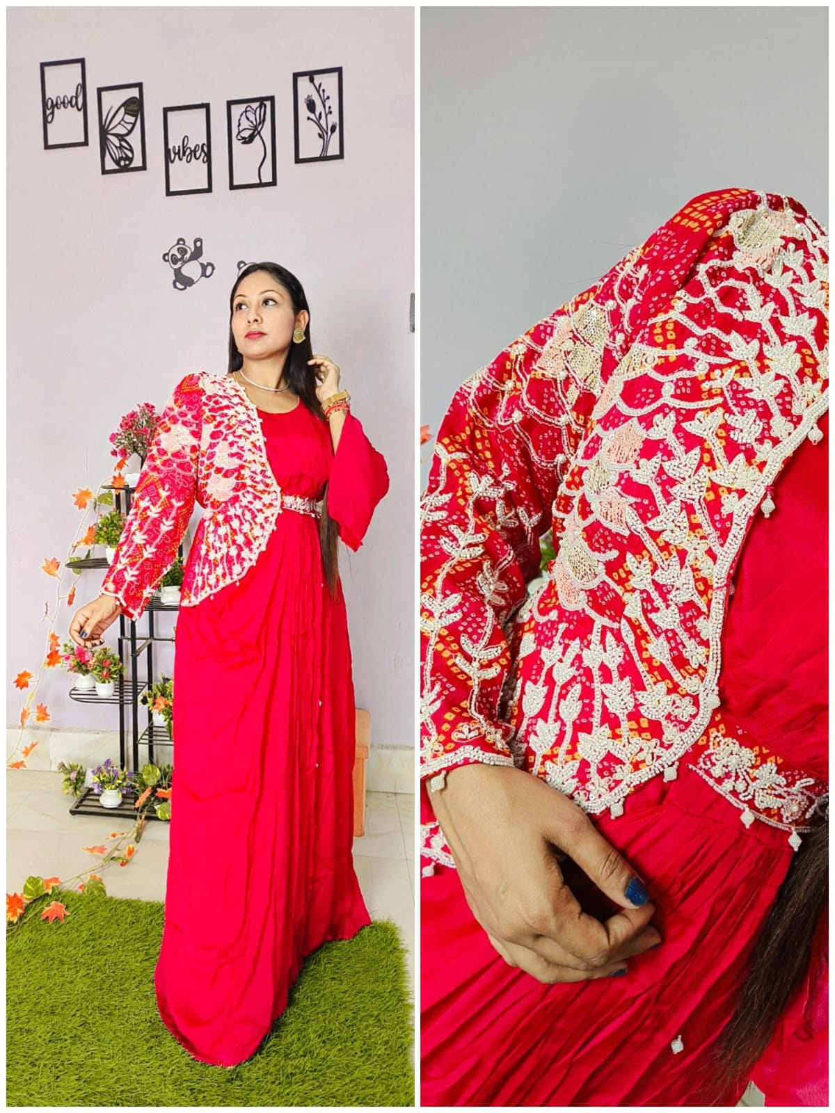 Gown With One Sided Attached Handwork Jacket And Belt