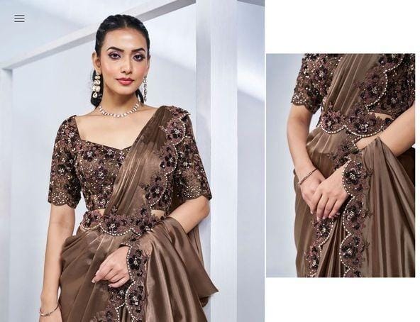 Ready To Wear Embroidered Saree With Embroidered Stitched Blouse And Belt