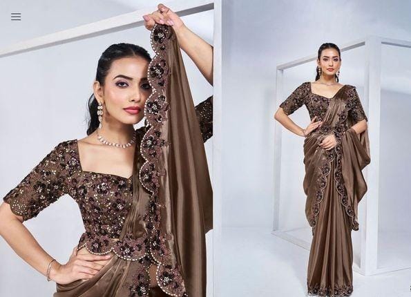 Ready To Wear Embroidered Saree With Embroidered Stitched Blouse And Belt