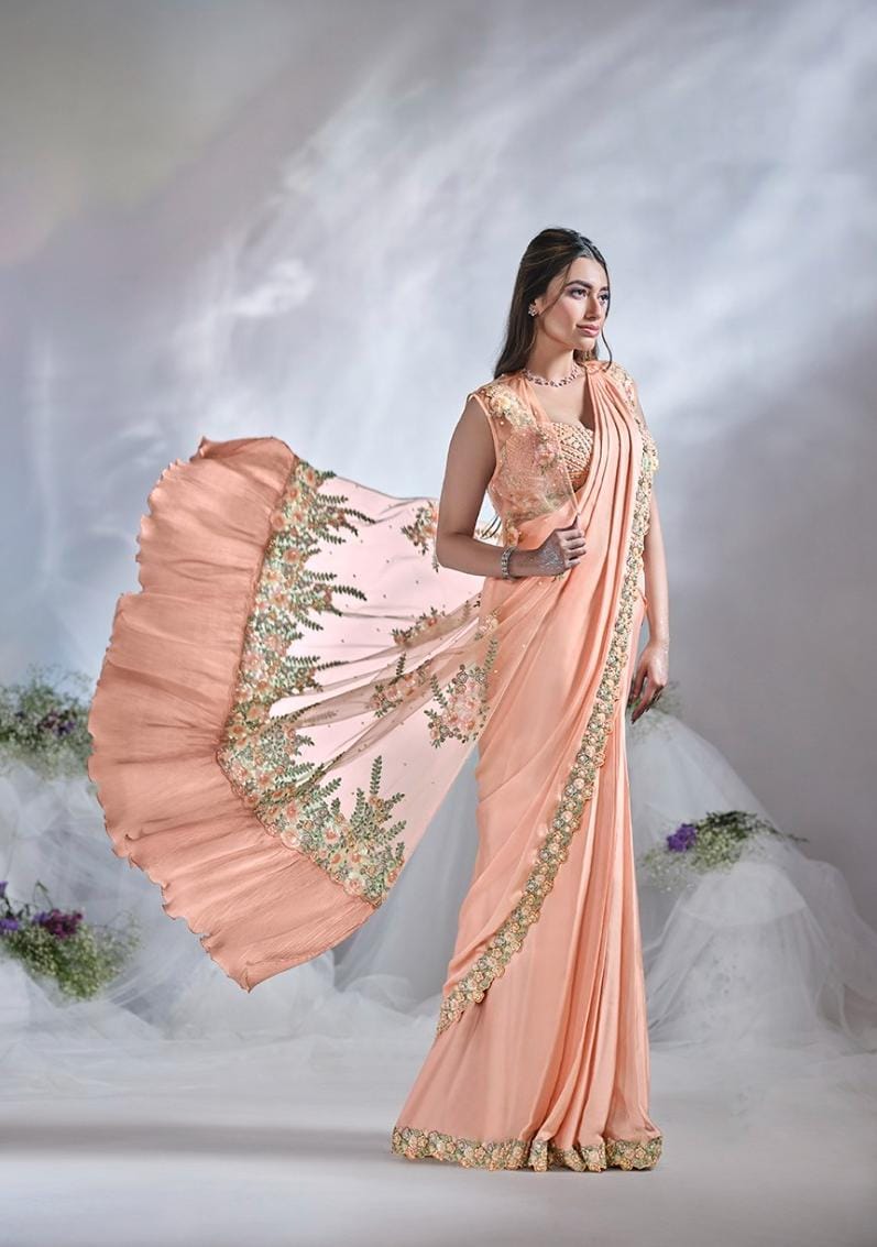Embroidered Ready To Wear Saree With Stitched Blouse And Belt