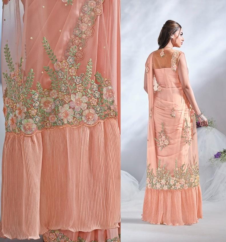 Embroidered Ready To Wear Saree With Stitched Blouse And Belt