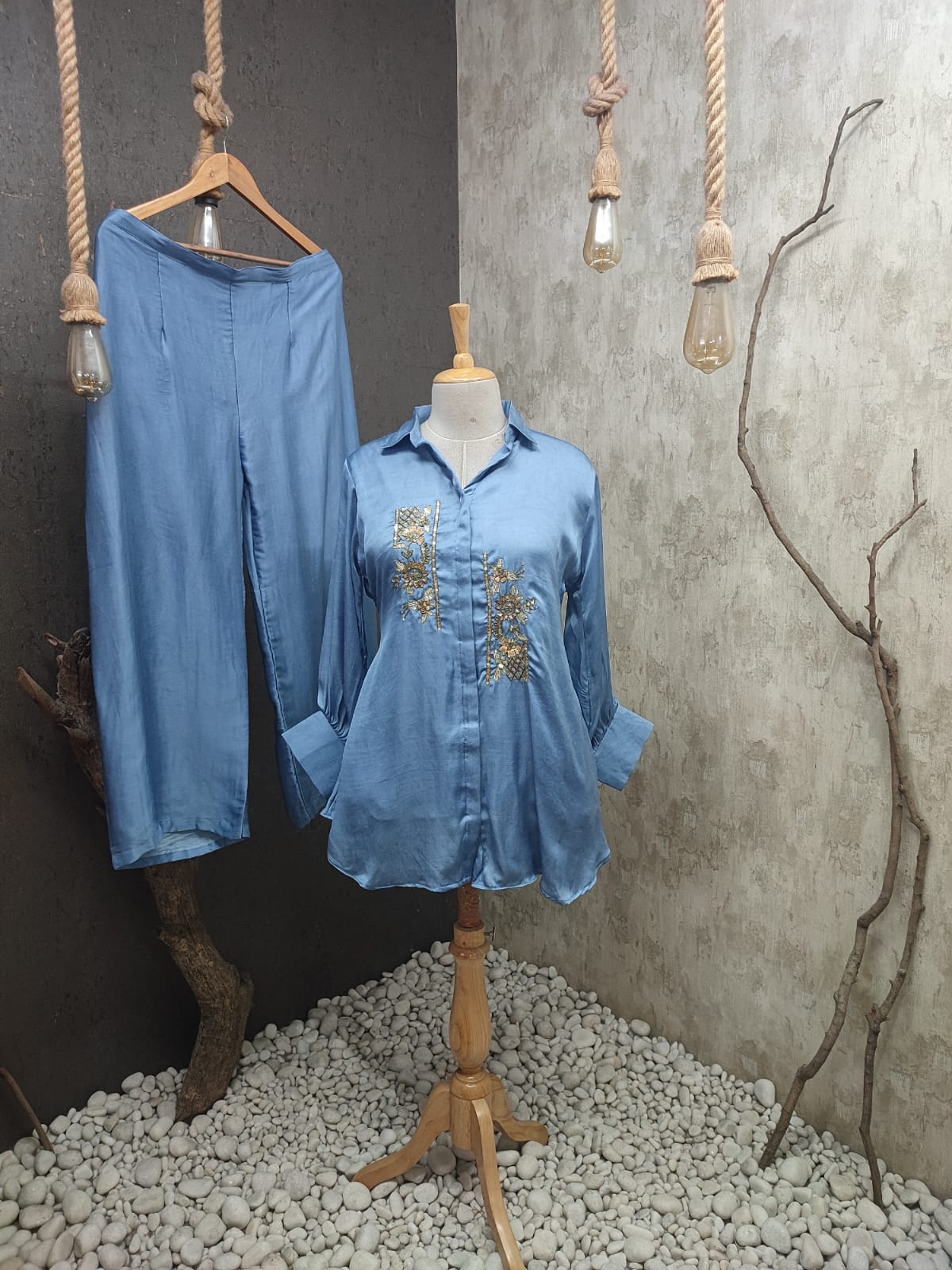Embroidered Shirt With Flared Pants Coord Set