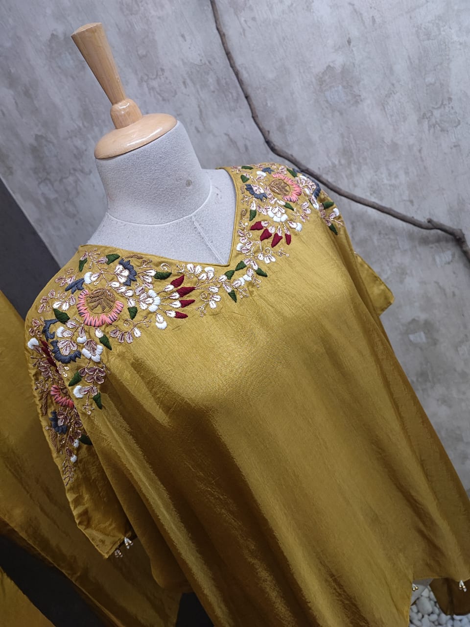 Hand Embroidered Flared Sleeves High Low Kurta With Loose Pants