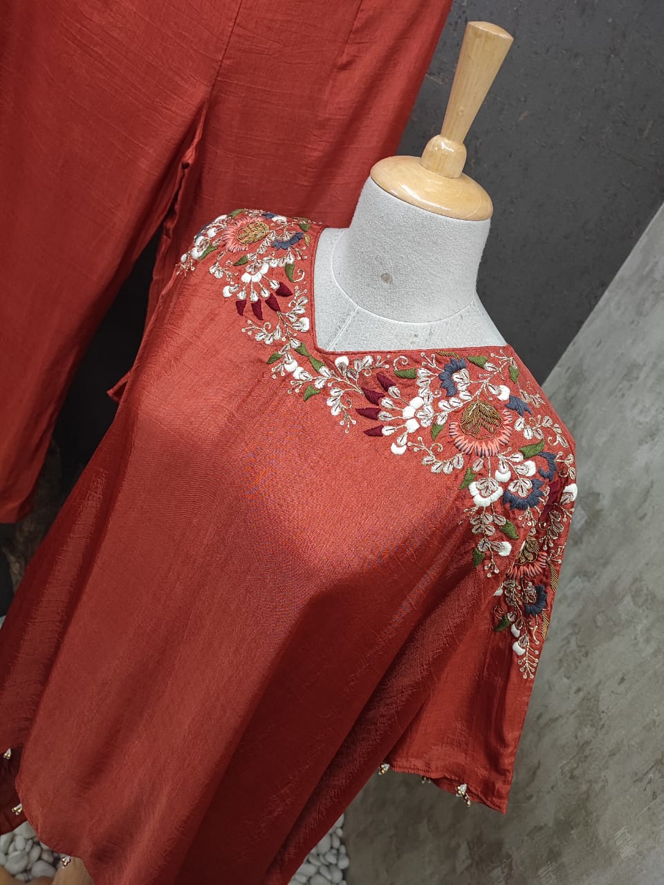 Hand Embroidered Flared Sleeves High Low Kurta With Loose Pants