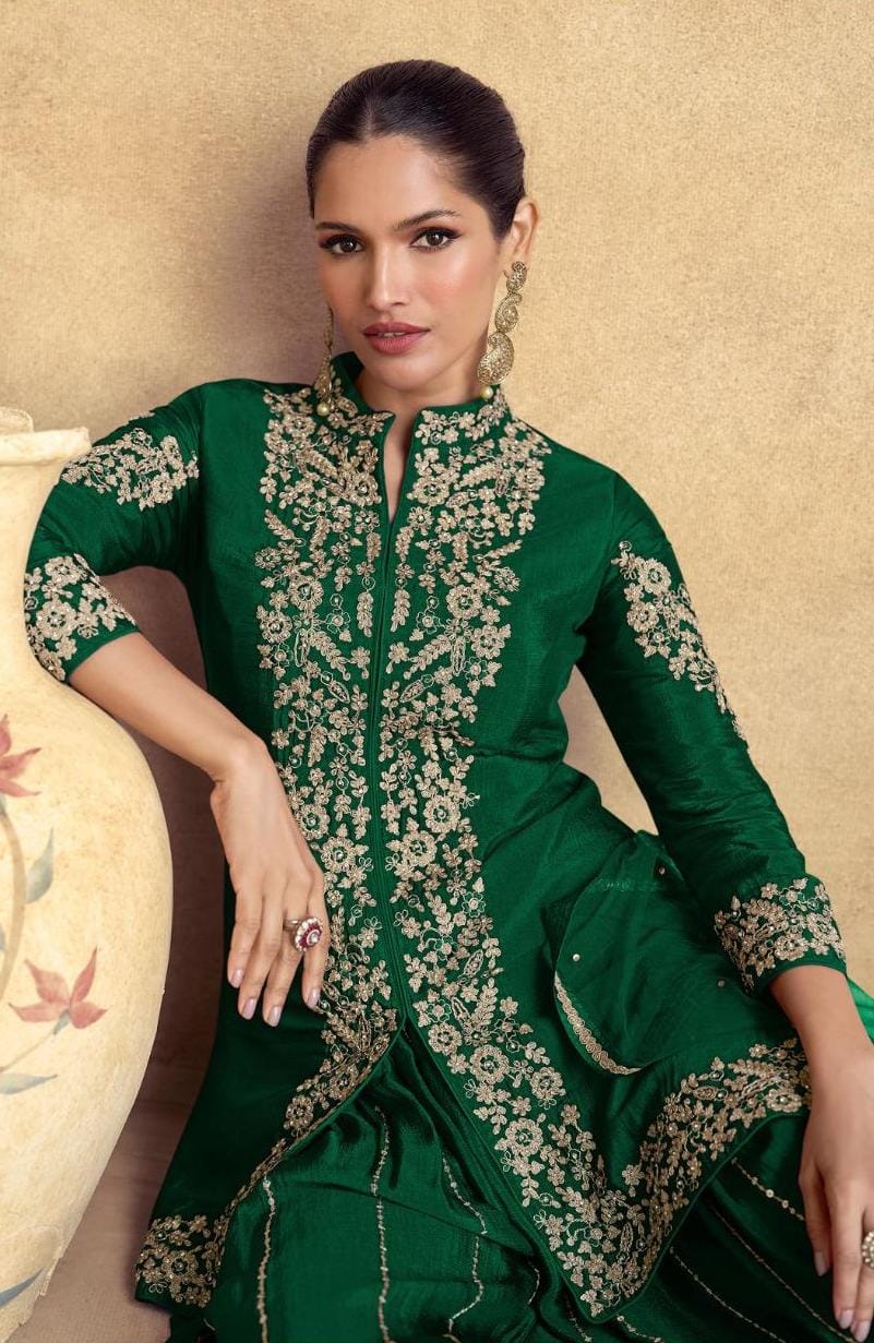 Embroidered Front Slit Short Kurta With Flared Palazzo And Dupatta