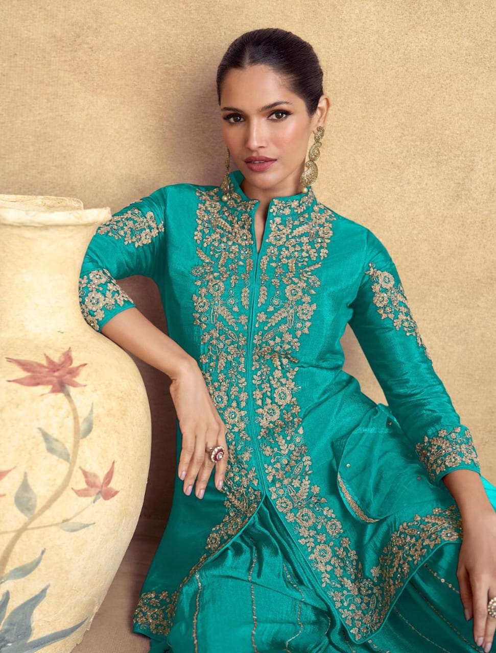 Embroidered Front Slit Short Kurta With Flared Palazzo And Dupatta