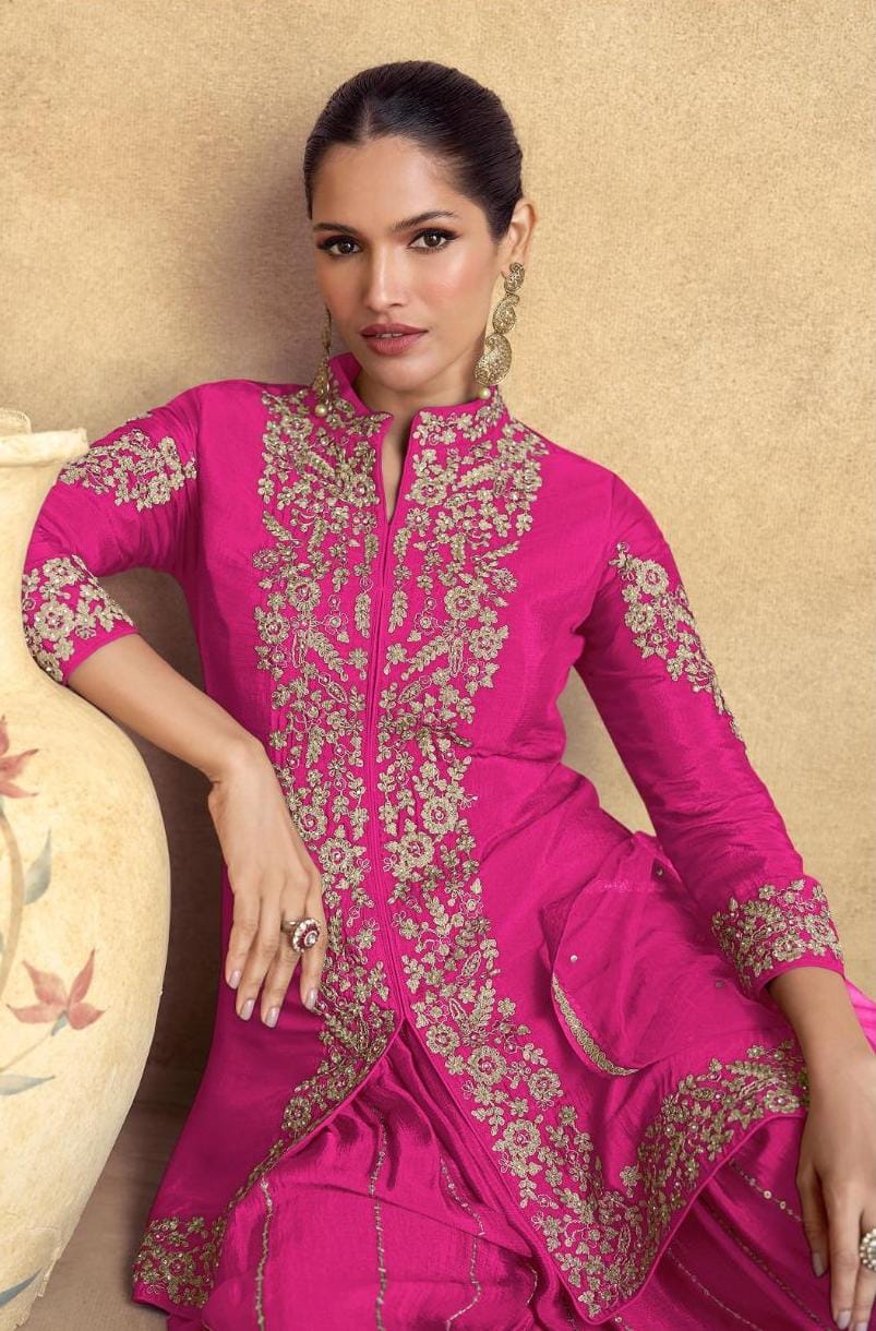 Embroidered Front Slit Short Kurta With Flared Palazzo And Dupatta