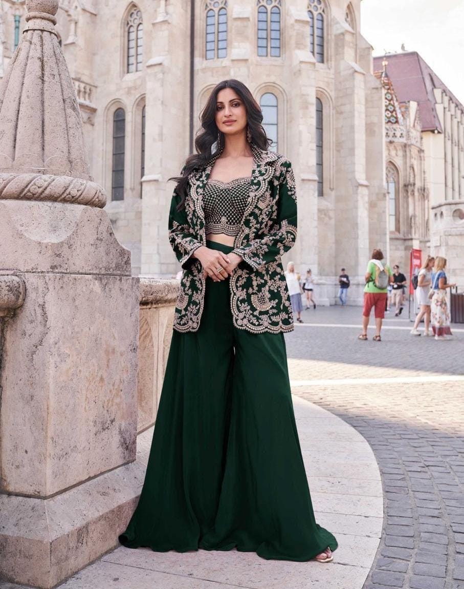 Crop Top With Divider Palazzo And Jacket