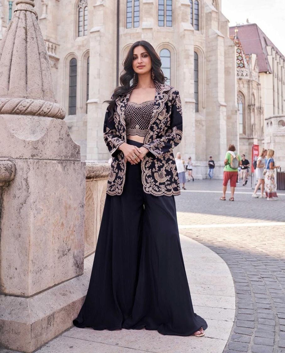 Crop Top With Divider Palazzo And Jacket