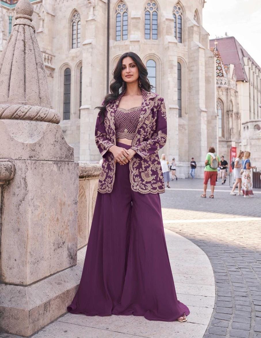 Crop Top With Divider Palazzo And Jacket