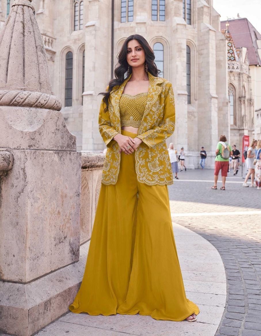 Crop Top With Divider Palazzo And Jacket