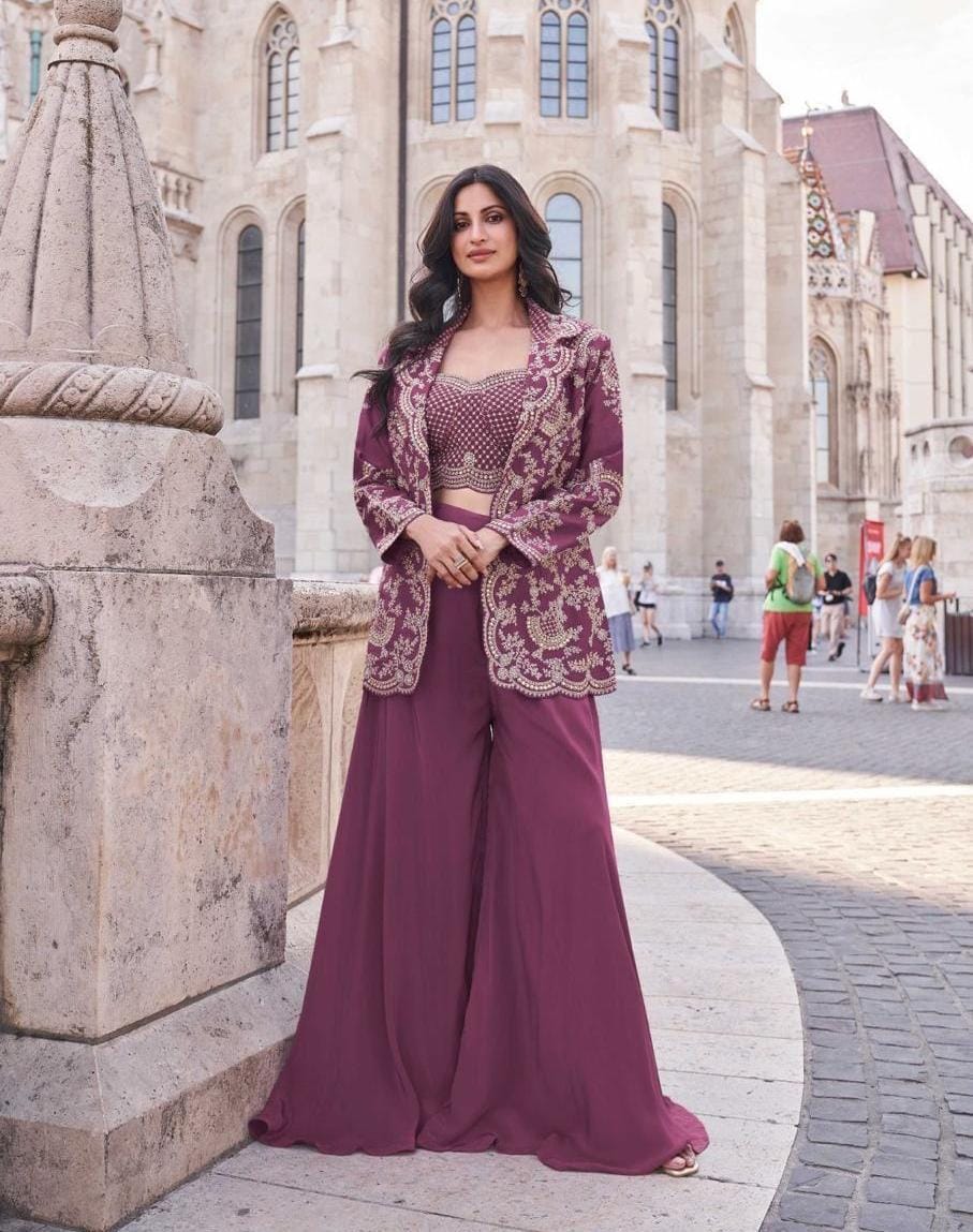 Crop Top With Divider Palazzo And Jacket