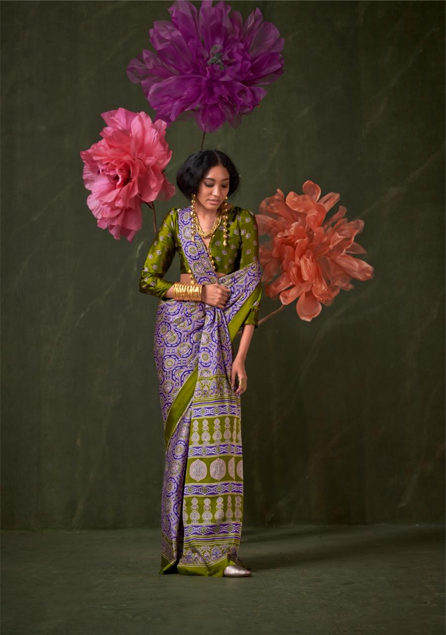Satin Crepe Ajrakh Print Saree