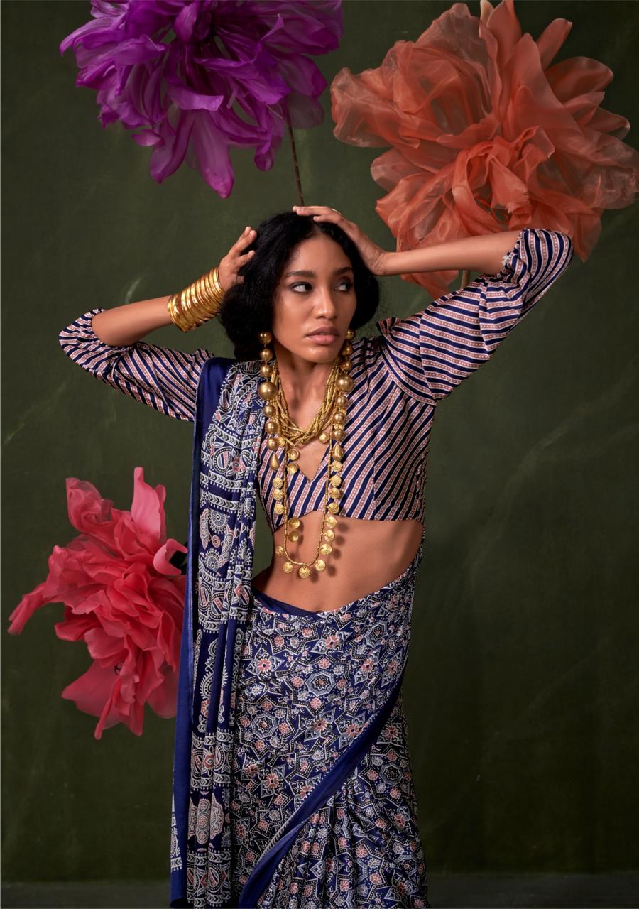 Satin Crepe Ajrakh Print Saree