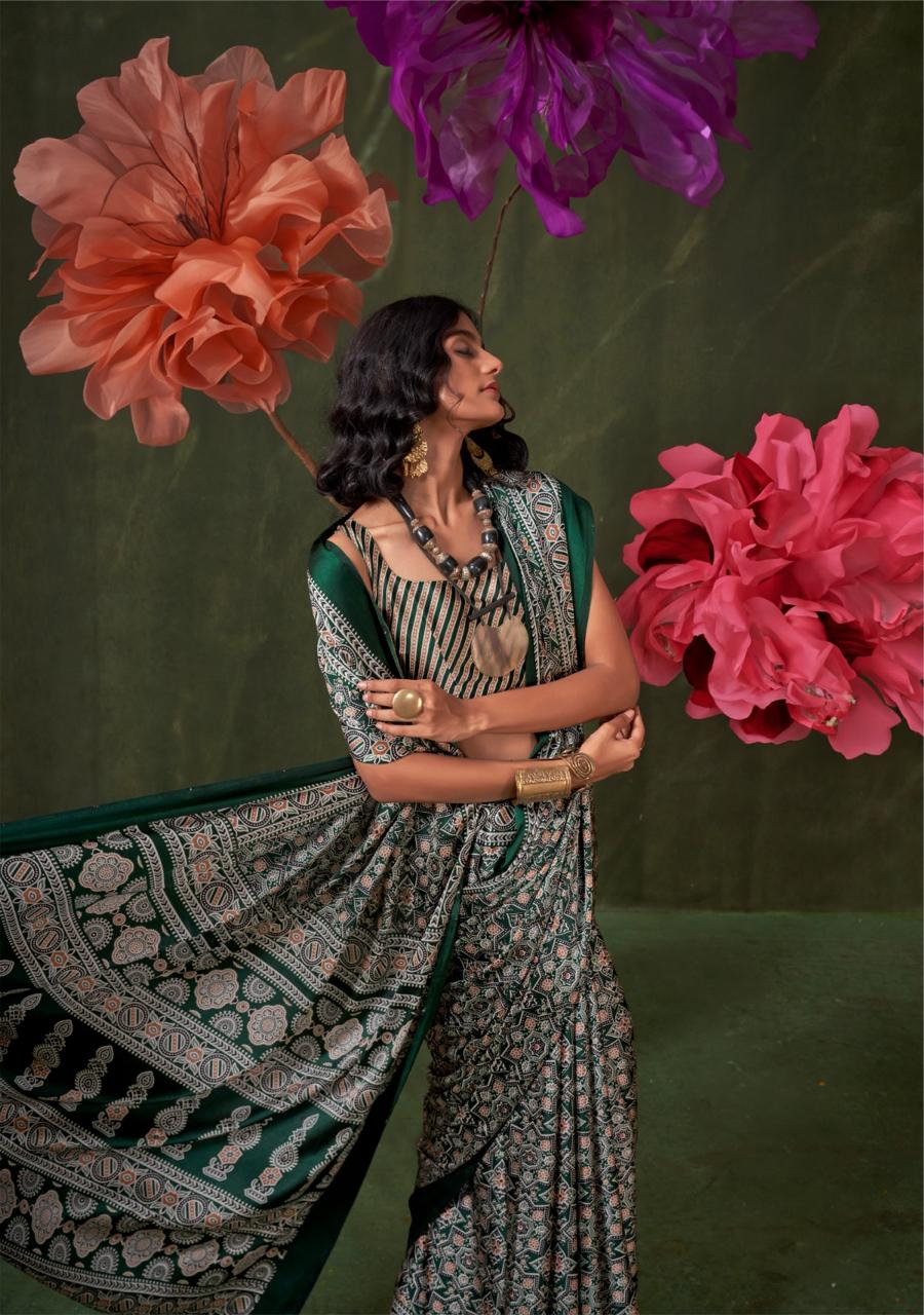 Satin Crepe Ajrakh Print Saree