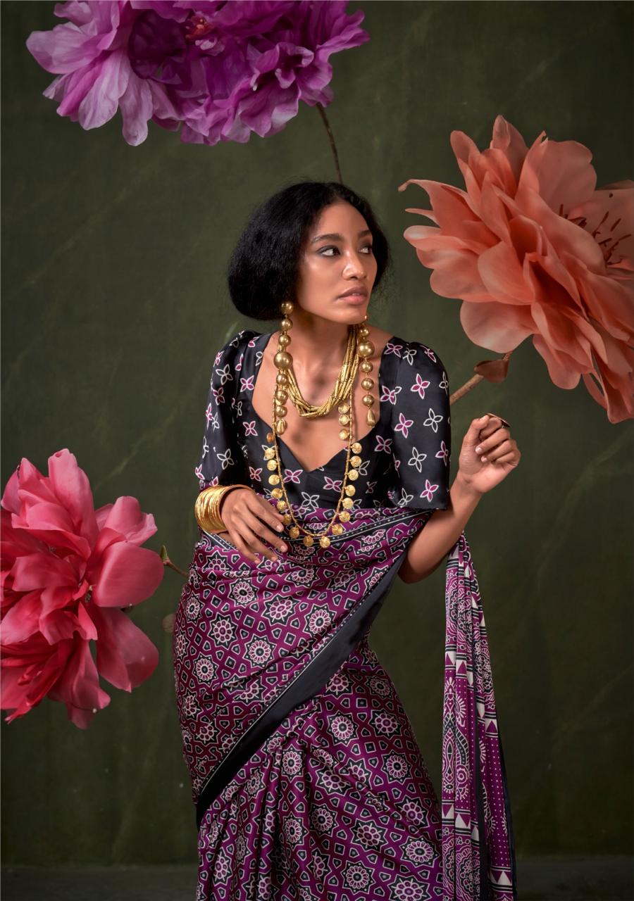 Satin Crepe Ajrakh Print Saree