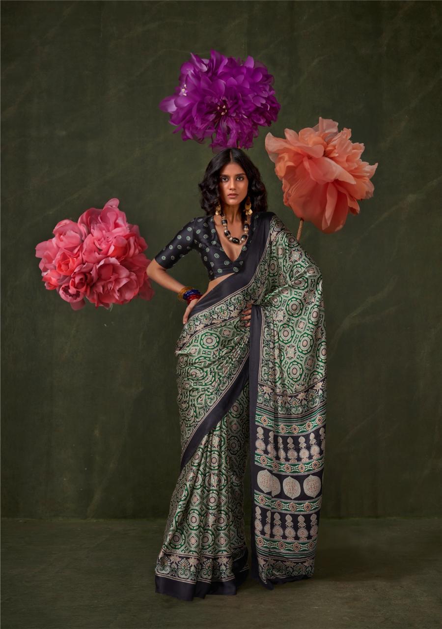 Satin Crepe Ajrakh Print Saree