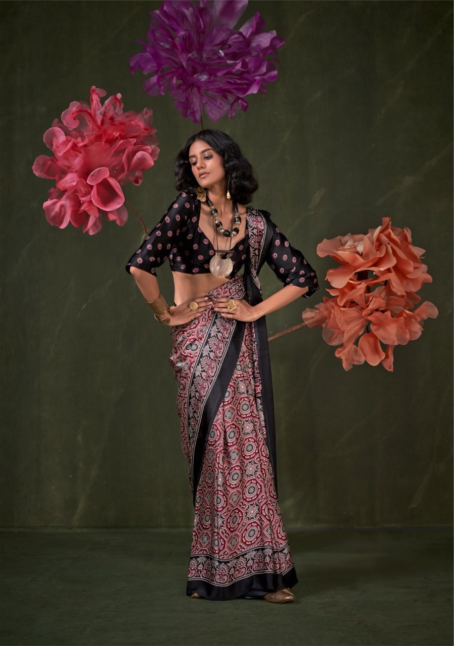 Satin Crepe Ajrakh Print Saree