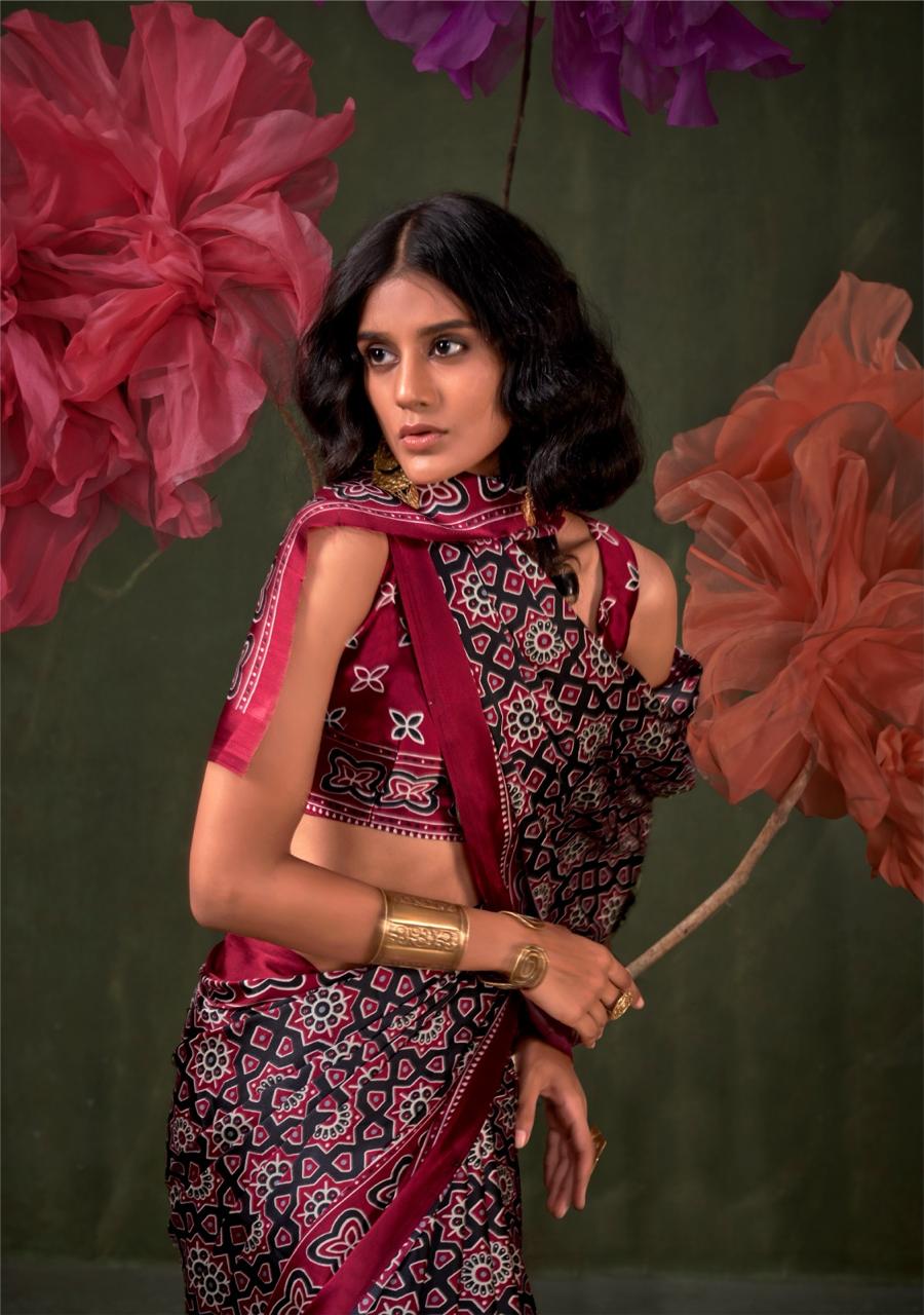 Satin Crepe Ajrakh Print Saree