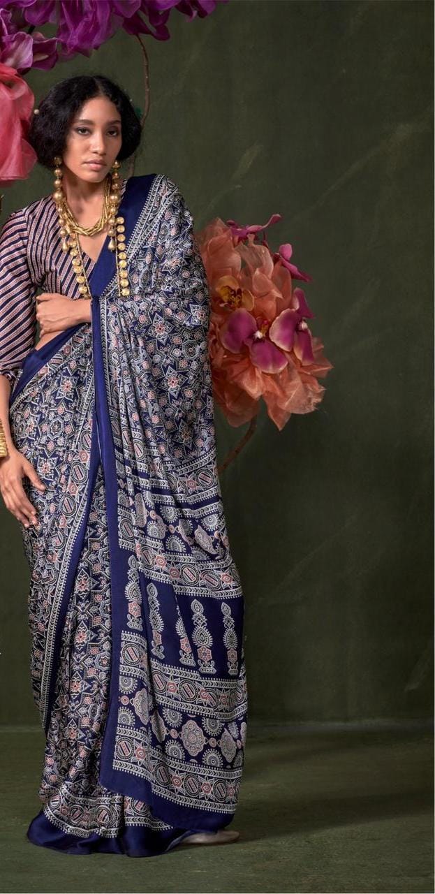 Satin Crepe Ajrakh Print Saree