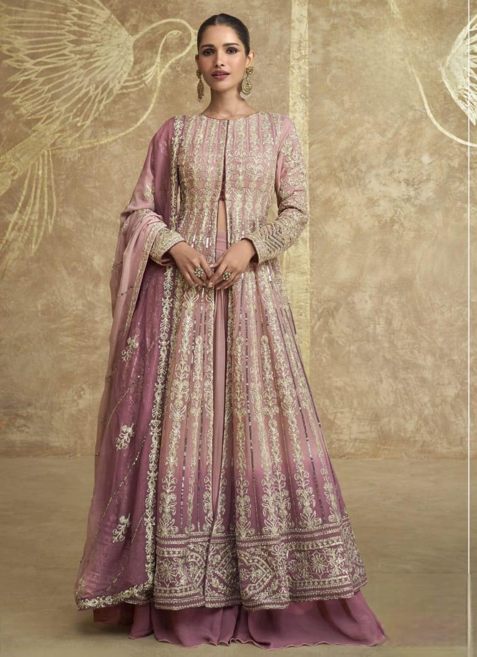 Embroidered High Slit Kurta With Skirt and Dupatta