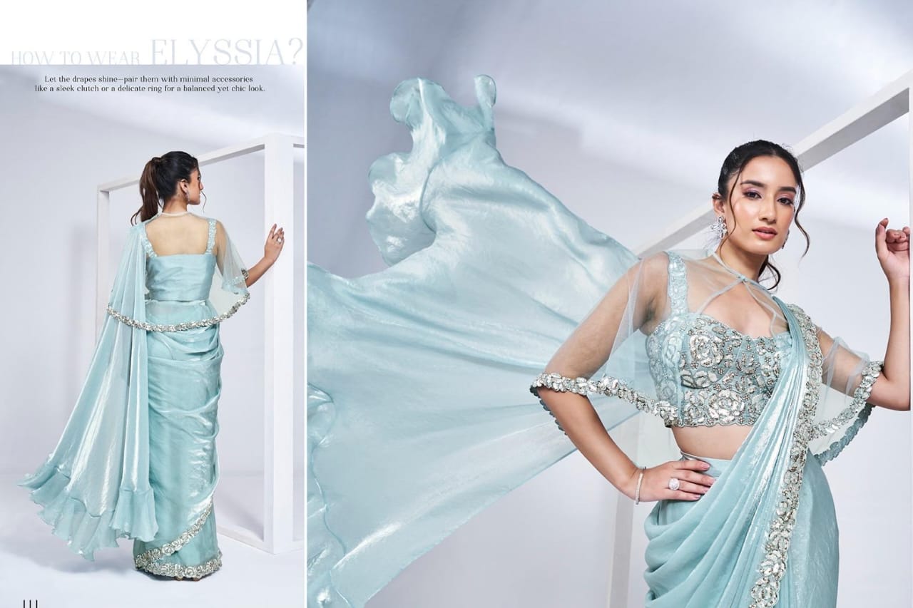 Ready To Wear Saree With Embroidered Stitched Blouse, Poncho And Belt