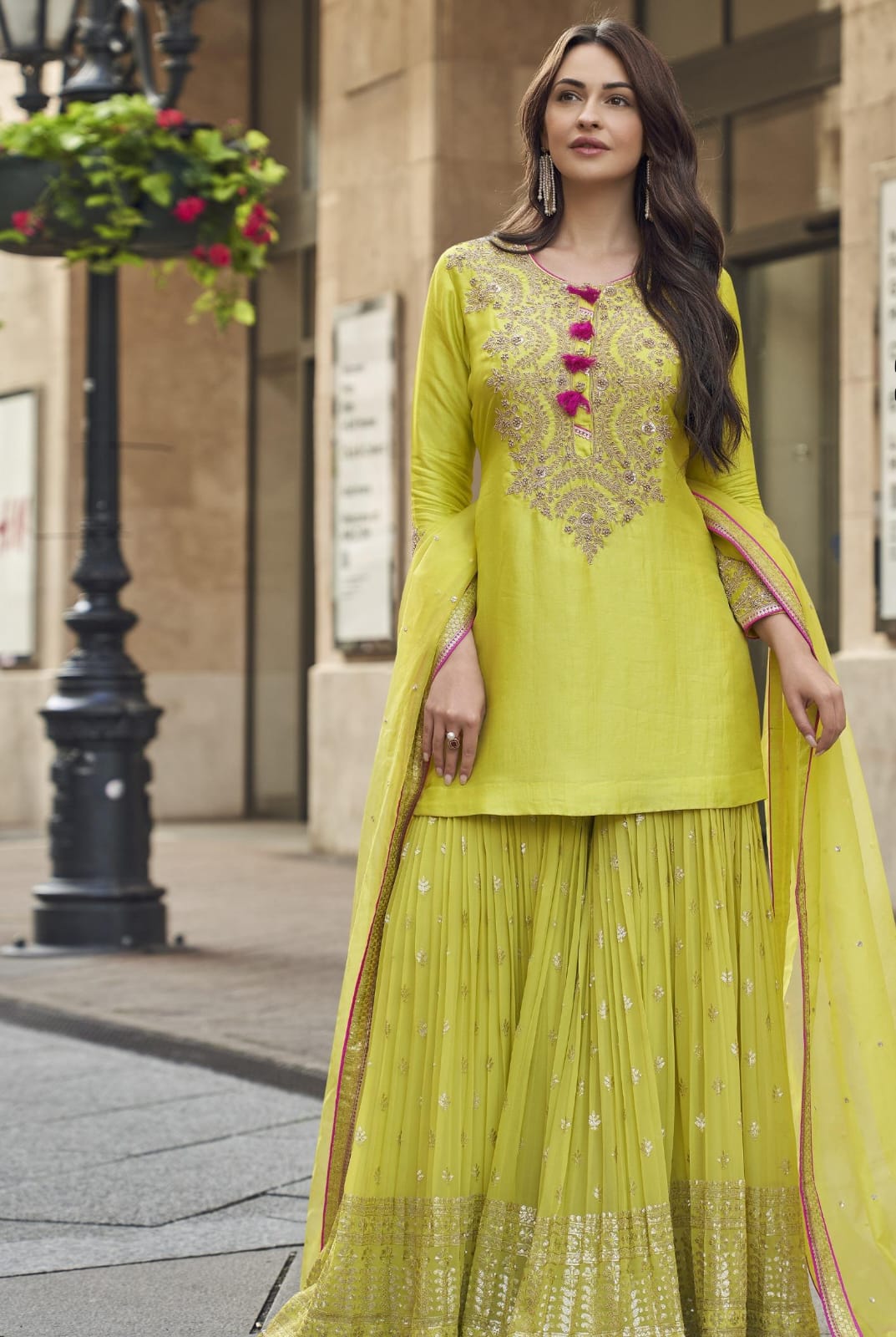 Embroidered Short Kurta With Flared Palazzo And Dupatta