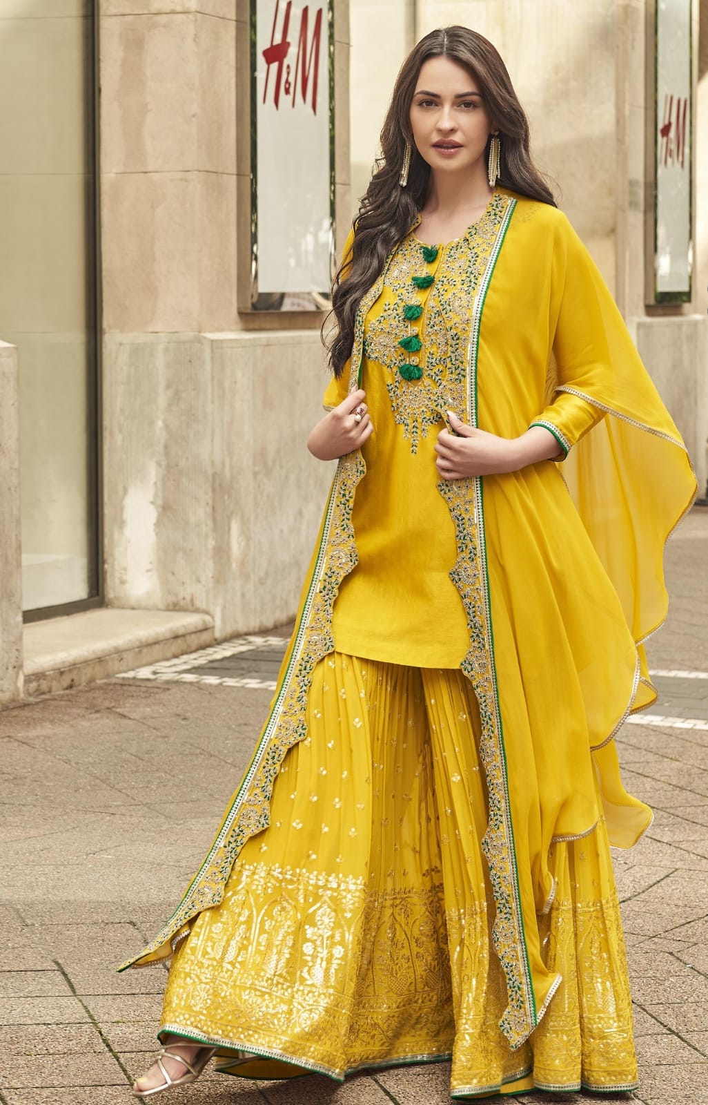 Embroidered Short Kurta With Flared Palazzo And Shrug