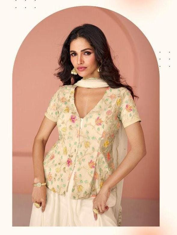 Embroidered Front Slit Top With Palazzo And Dupatta