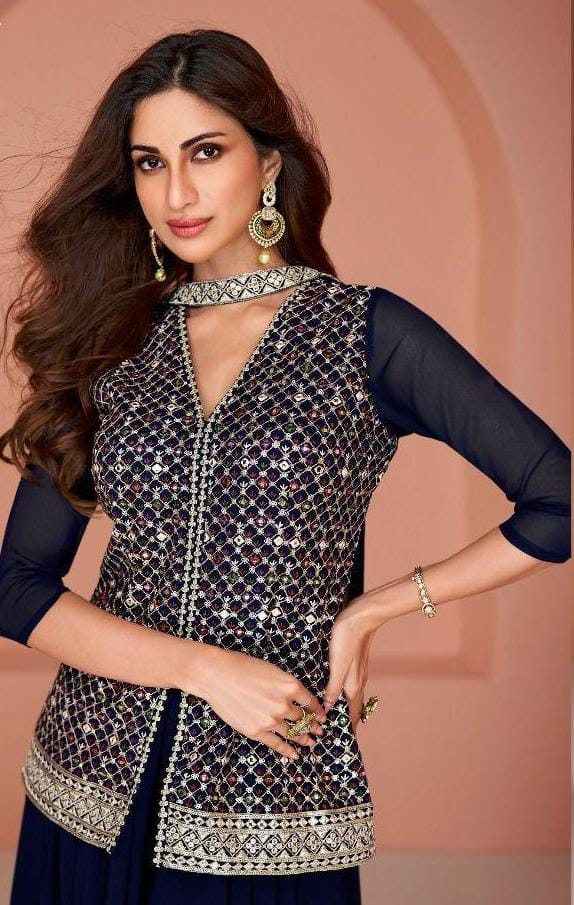 Embroidered Front Slit Top With Palazzo And Dupatta