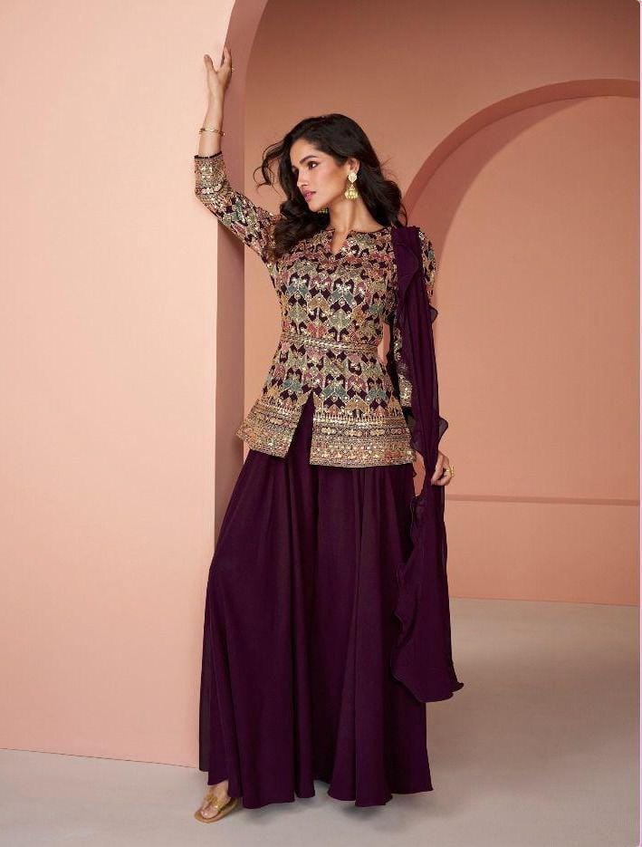Embroidered Front Slit Top With Palazzo And Dupatta