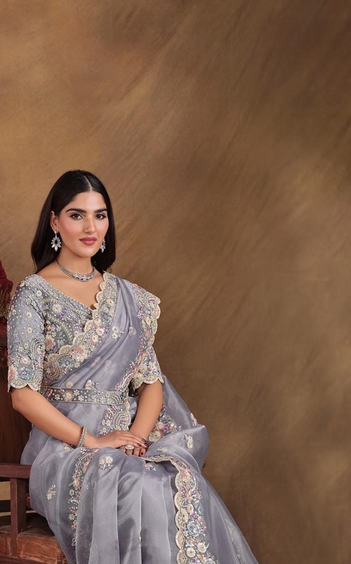 Embroidered Saree Paired With An Embroidered Belt