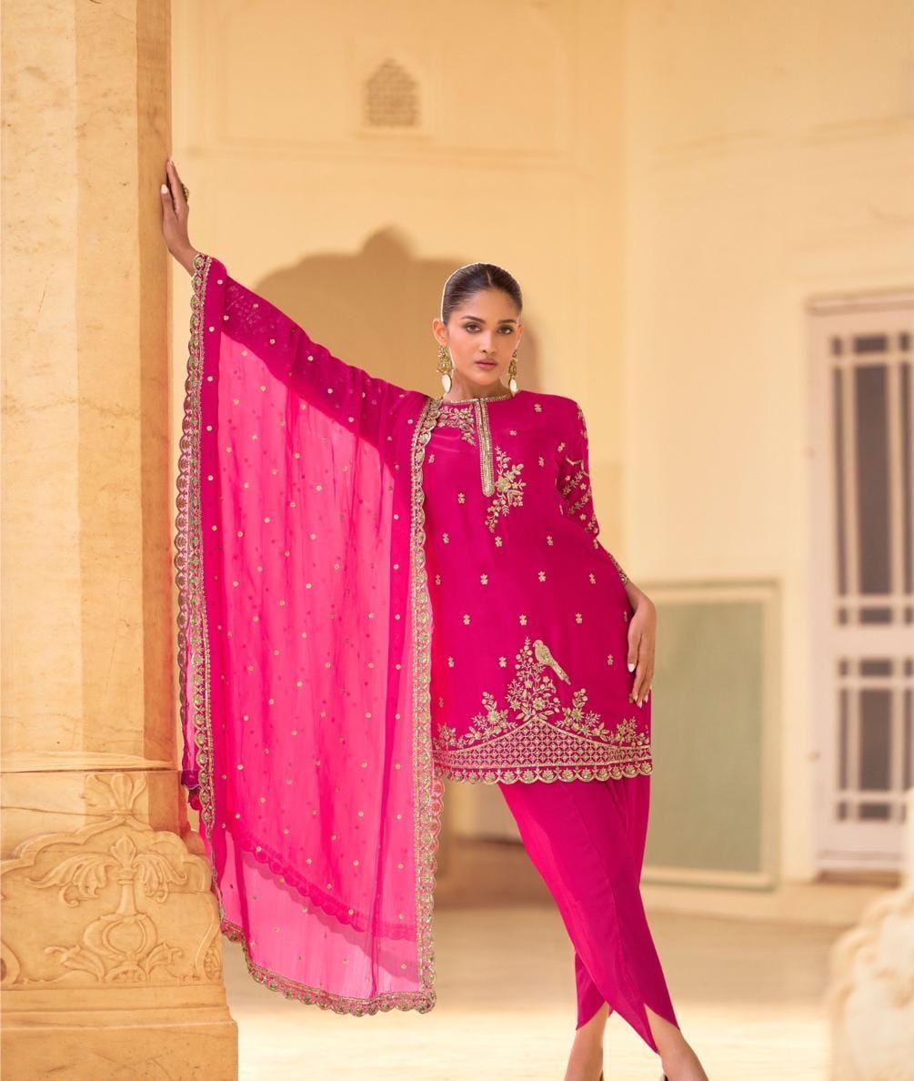 Embroidered Kurta With Tulip Pant And Dupatta