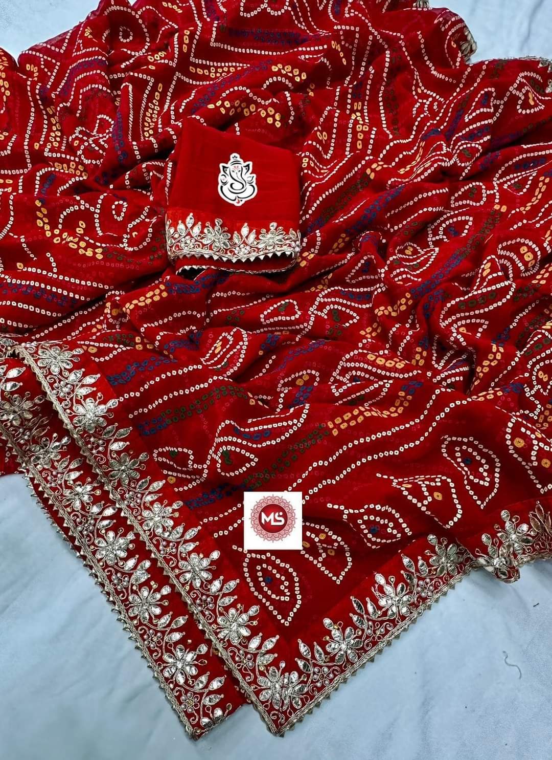 Elegant Georgette Bandhani Saree with Gota Work – Resham Ethnic