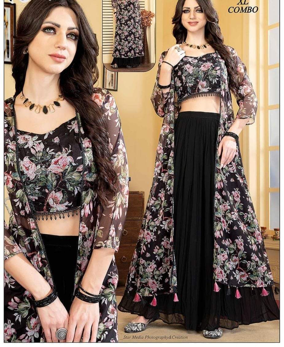 Stylish Crop Top with Skirt and Shrug - Resham Ethnic