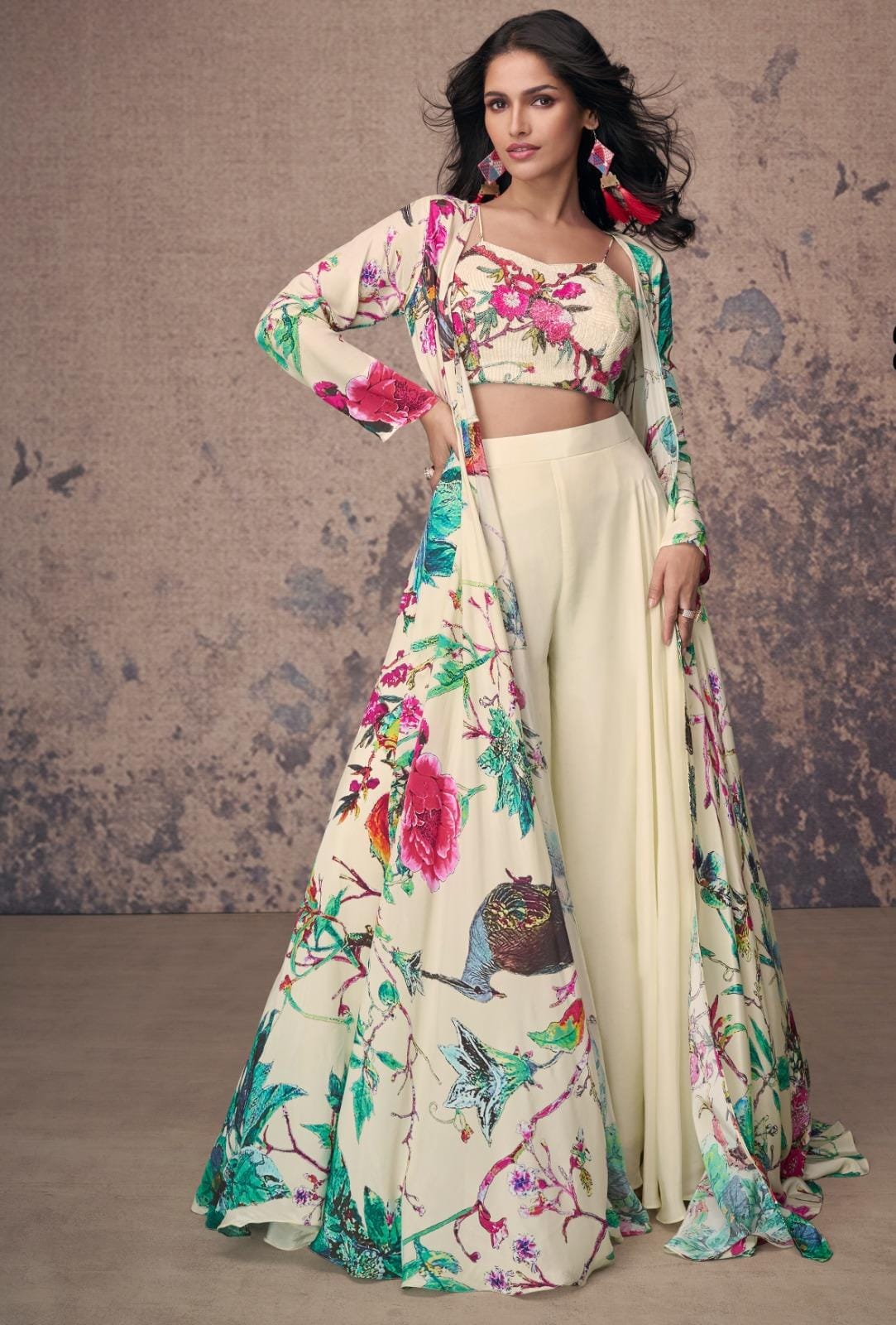 Elegant Crop Top with Plazzo & Shrug – Resham Ethnic