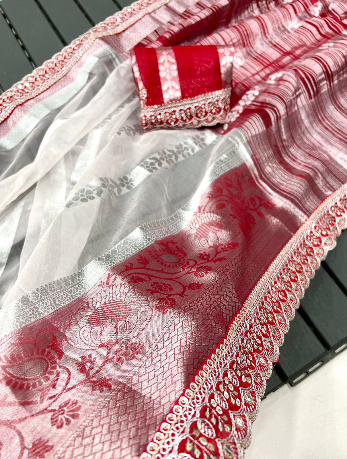 Organza Red and White Zari Weaving Saree with Embroidery Work Border