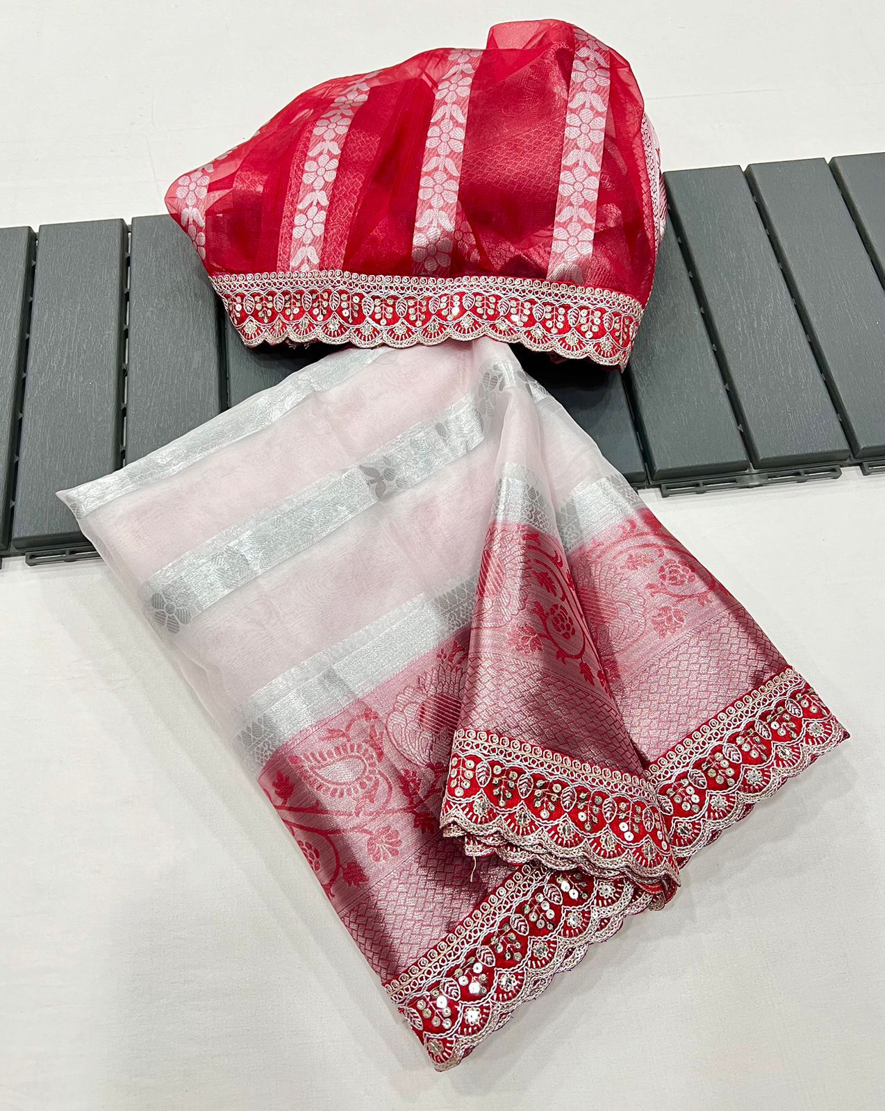 Organza Red and White Zari Weaving Saree with Embroidery Work Border