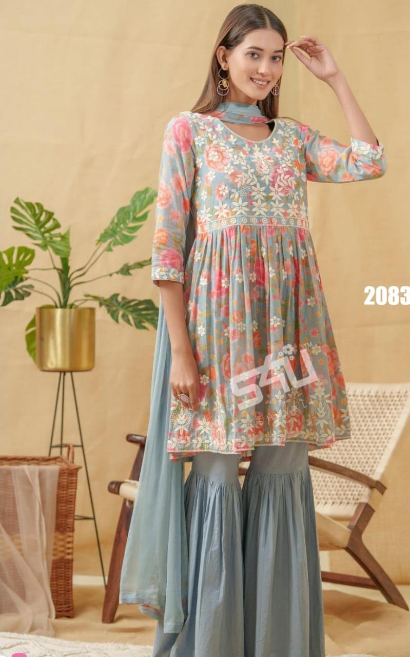 Buy Cotton Embroidery Flared Kurta with Sharara and Dupatta - Resham Ethnic