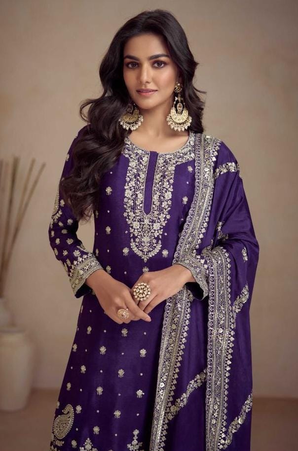 Buy Purple Chinon Embroidery Work Dress