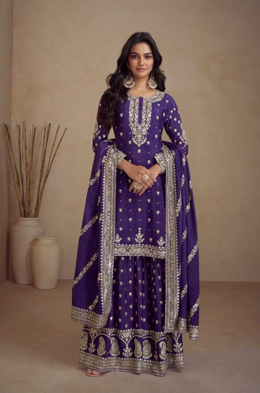 Buy Purple Chinon Embroidery Work Dress