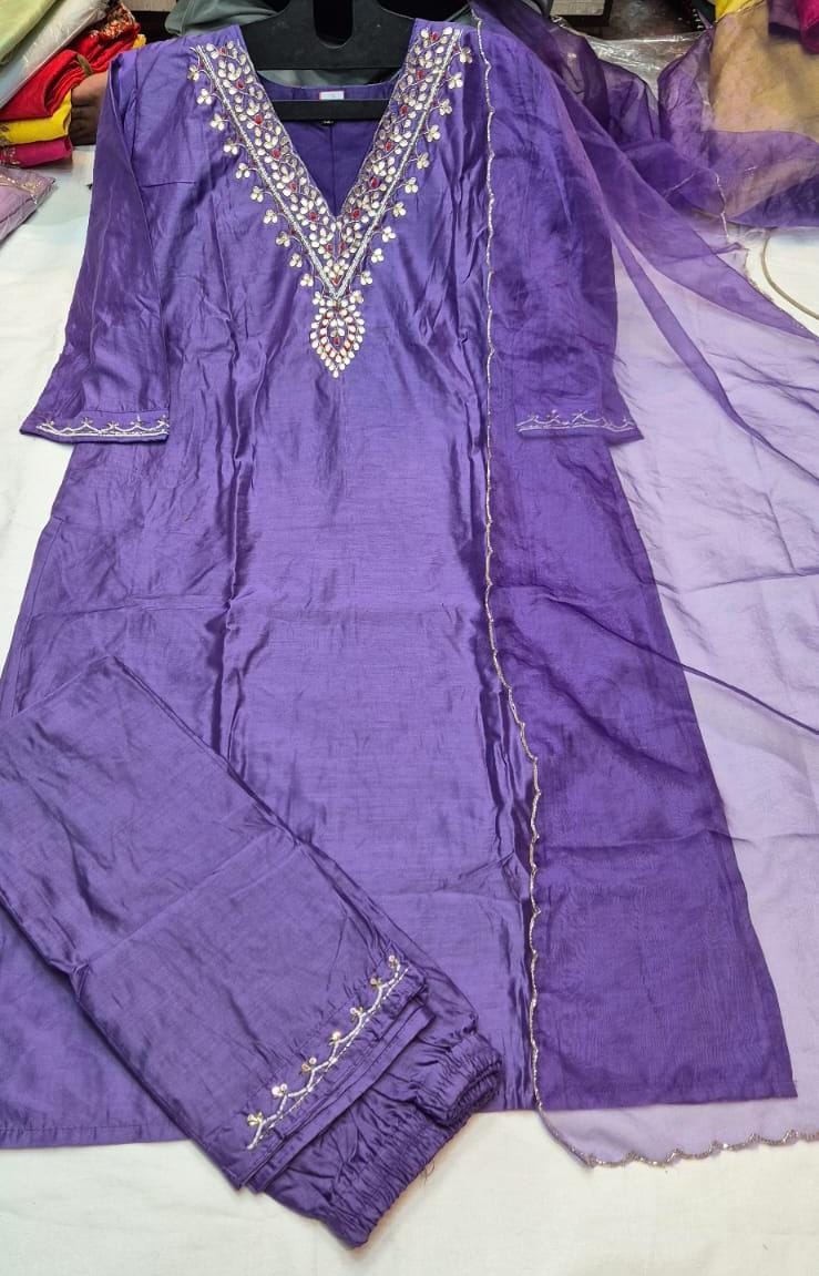 Chanderi Hand Embroidery And Gota Work Suit