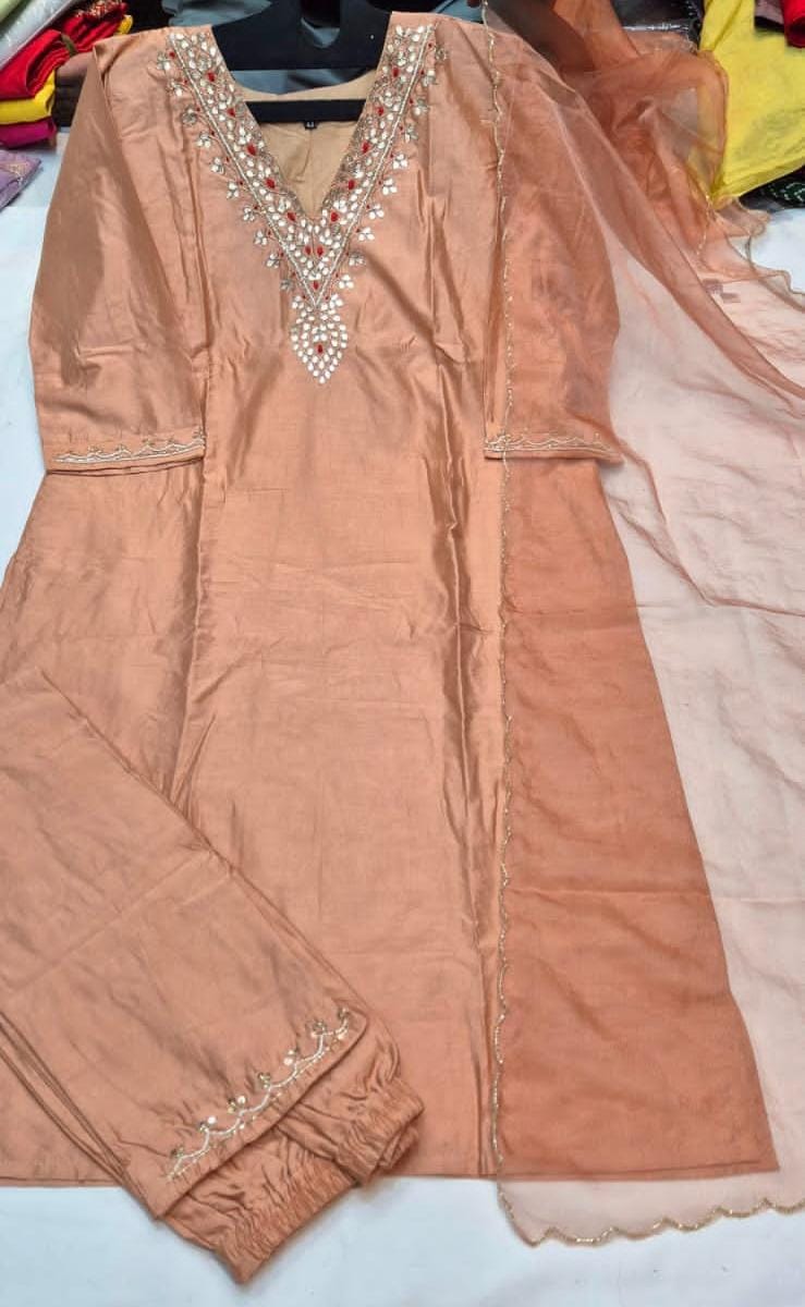 Chanderi Hand Embroidery And Gota Work Suit