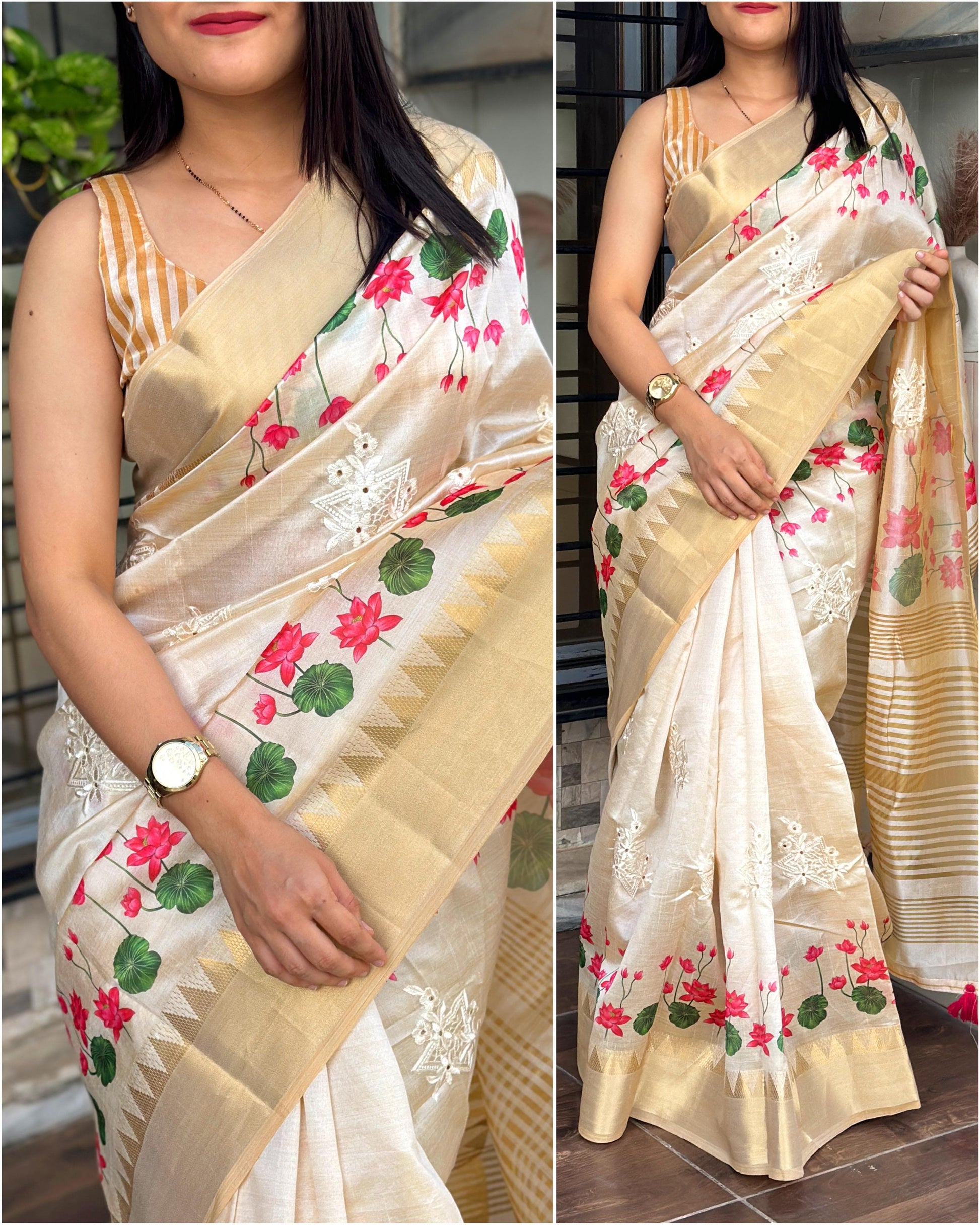 Floral Print Saree With Embroidery Work And Zari Border